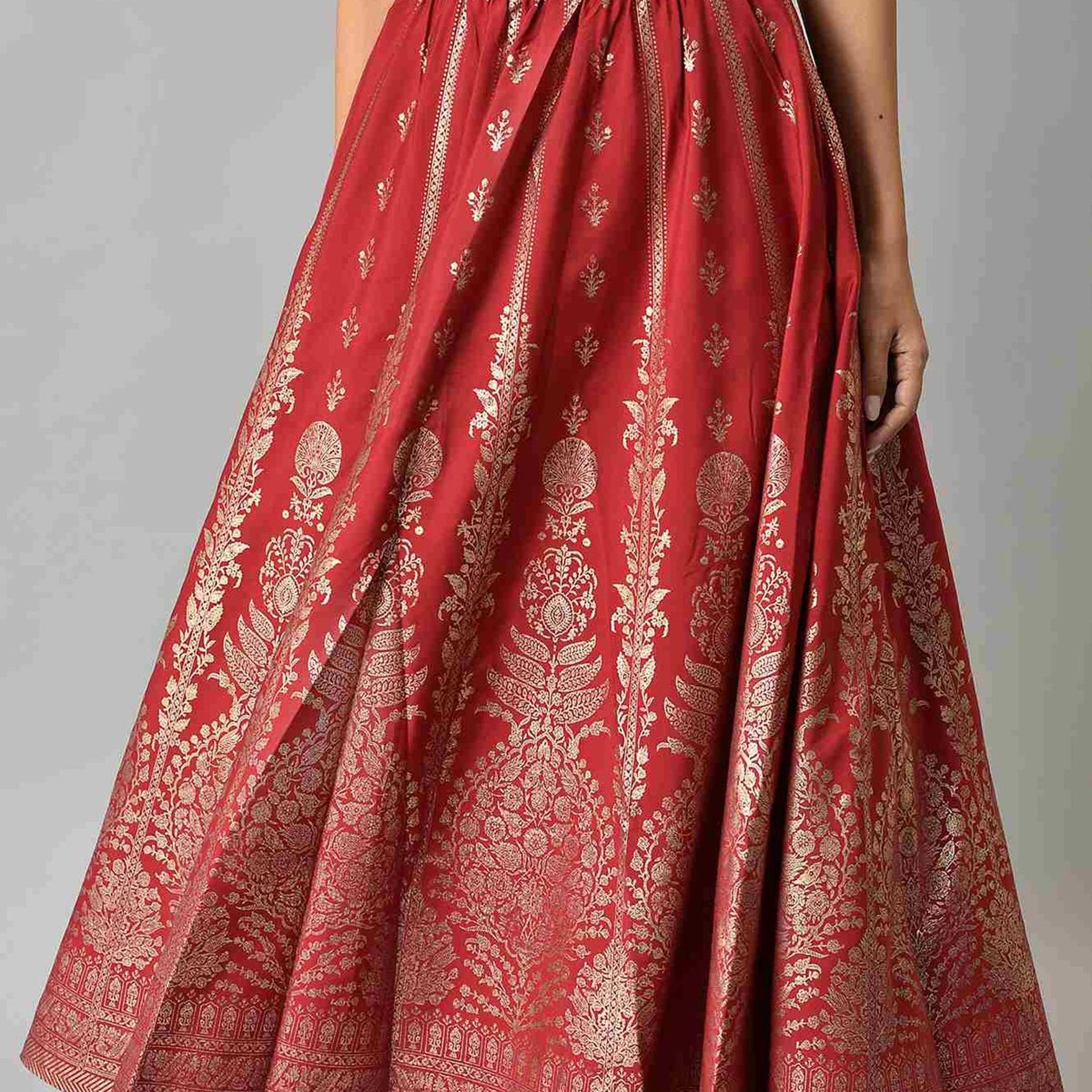 Maroon Floral Printed Flared Woven Skirt With Elasticated Waist