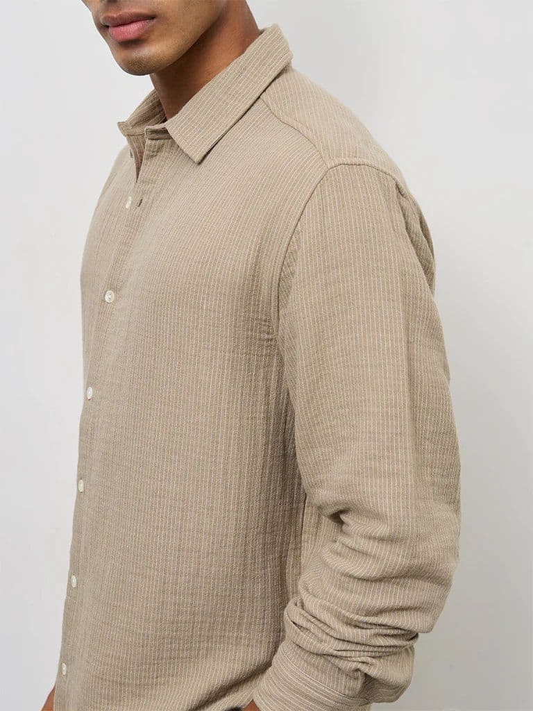 ETA Taupe Striped Relaxed-Fit Cotton Shirt — photo 3