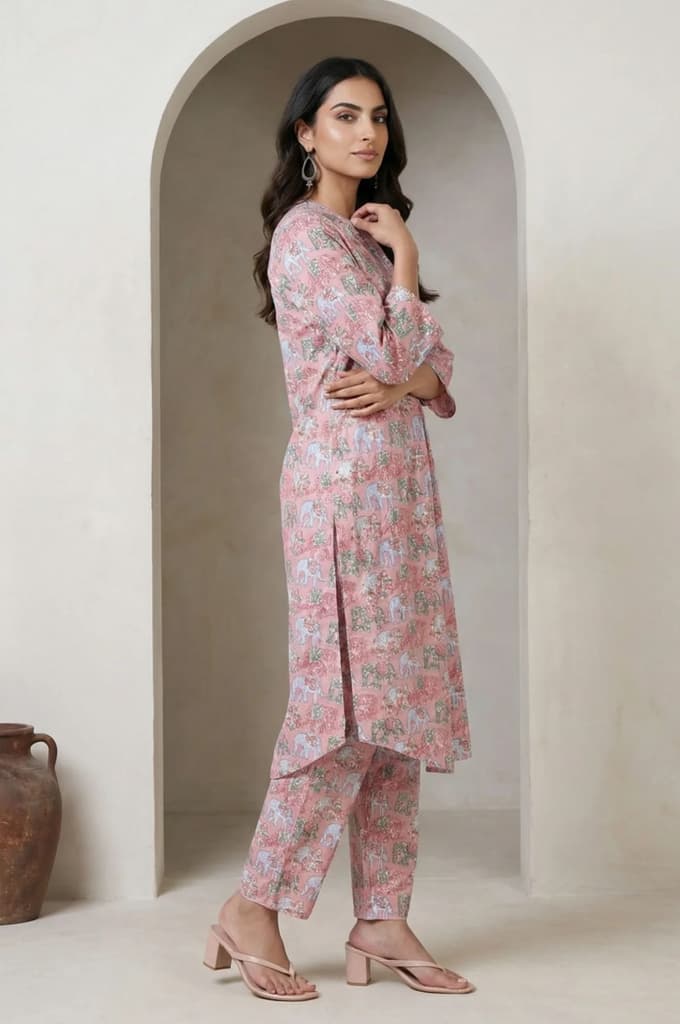 Pink Block Printed Pure Cotton Straight Kurta with Pants Set — photo 6