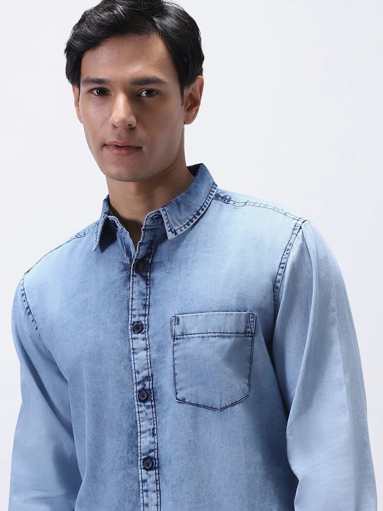 Men's Ice Blue Regular Fit Full Sleeve Washed Denim Shirt — photo 5