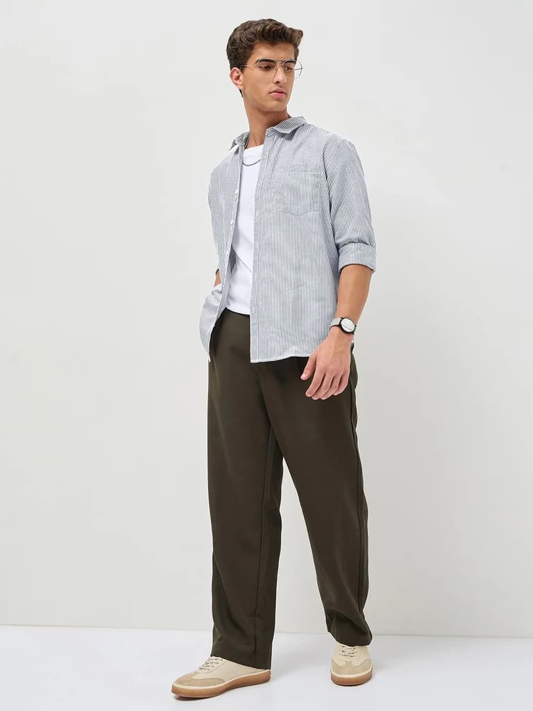 Men's Dark Blue Cotton Full Sleeve Regular Fit Casual Striped Shirt — photo 6