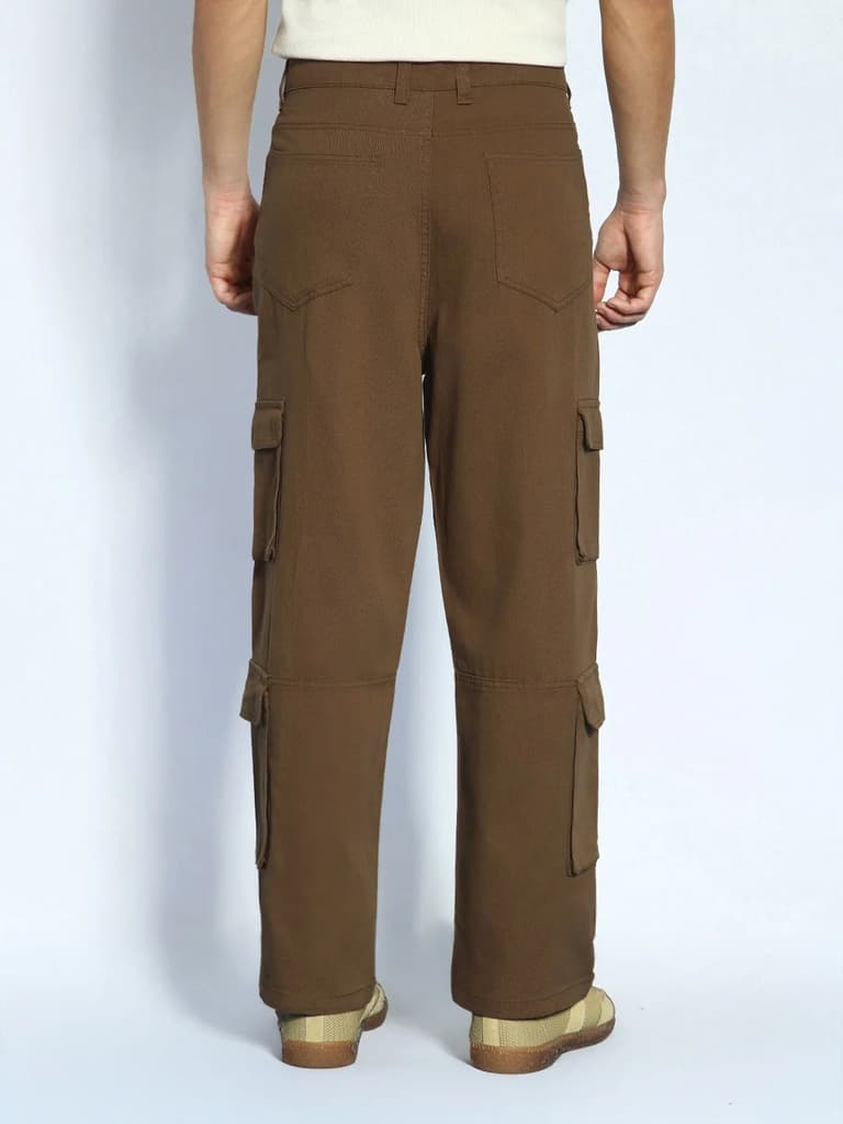 Men's Brown Loose Baggy Fit Cargo Chino Pant with 8 Pockets Stretchable — photo 4