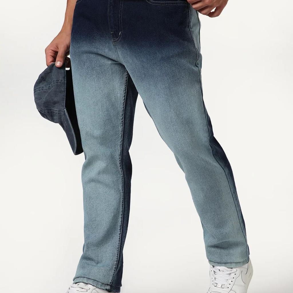 Men's Dark Blue Straight Fit Heavy Washed Faded Denim Jeans Stretchable