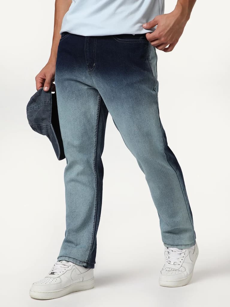 Men's Dark Blue Straight Fit Heavy Washed Faded Denim Jeans Stretchable — 28 / Dark Blue