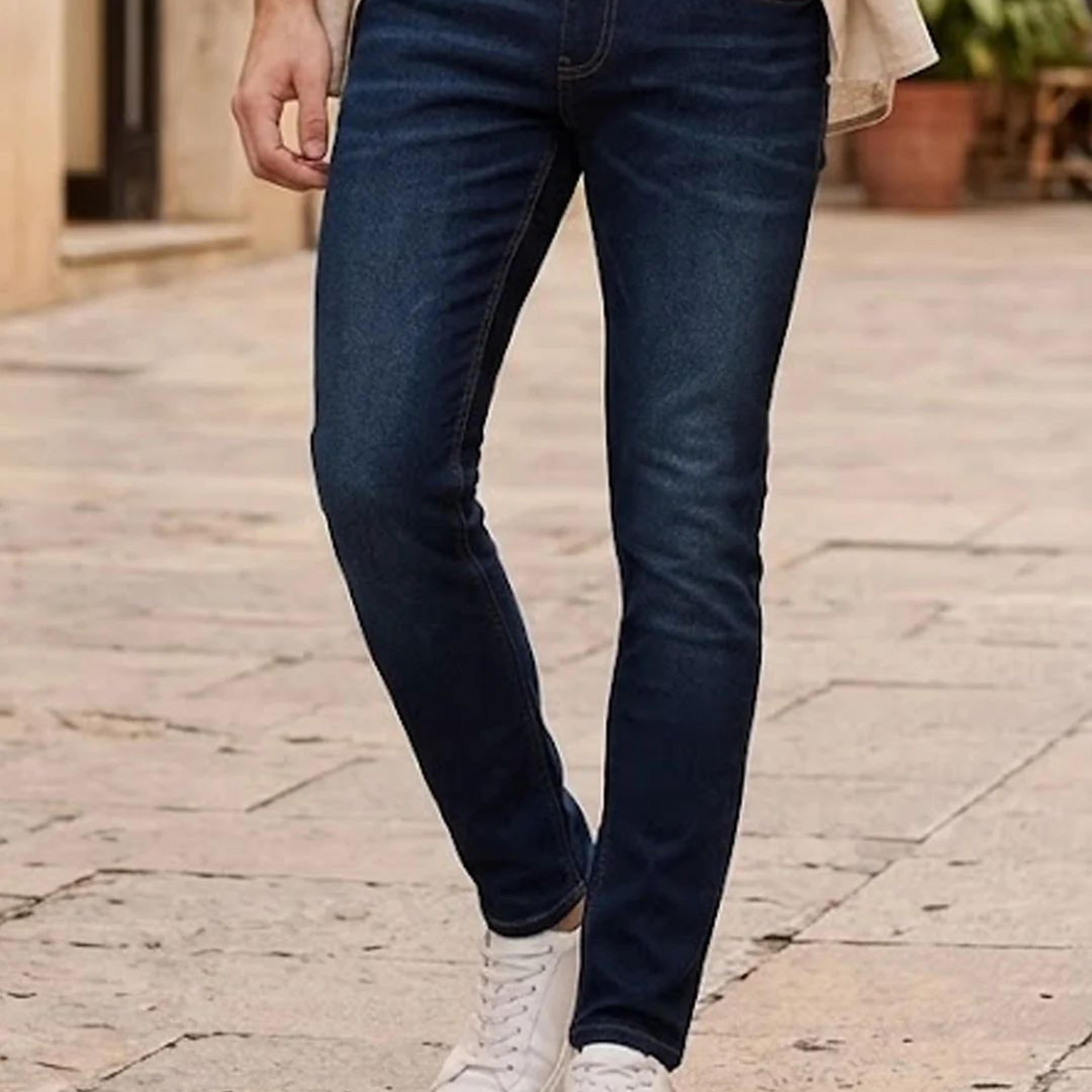Men's Navy Skinny Fit Washed Jeans Stretchable