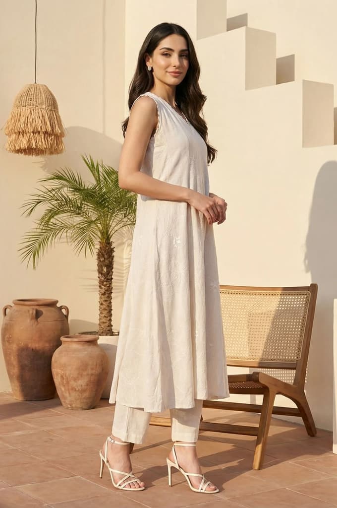 Off White Textured Rayon Blend Flared Kurta with Straight Pants Set — photo 5