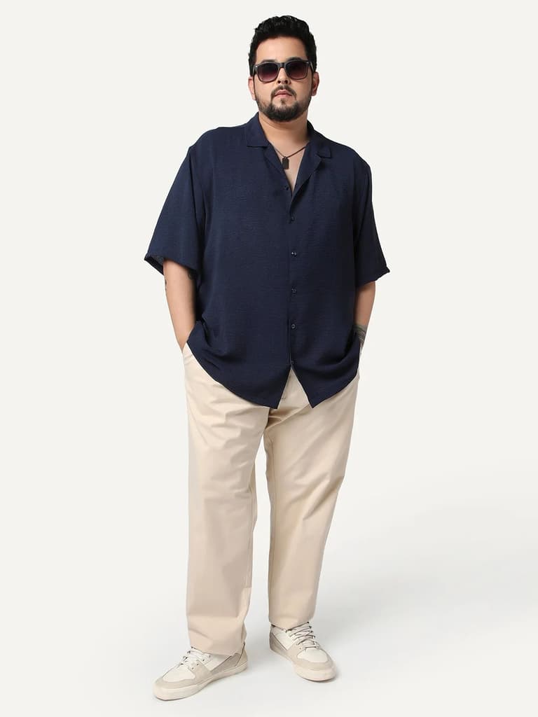 Plus Men's Navy Cotton Half Sleeve Relaxed Fit Textured Shirt with Cuban Collar — photo 4