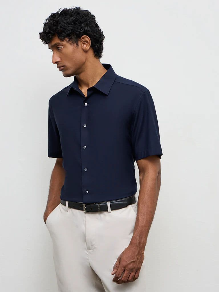 WES Formals Navy Slim-Fit Shirt