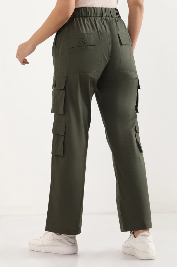 Muted Sage Green Solid Straight Fit Cotton Palazzo With Elasticated Waist And Cargo Pockets — photo 4