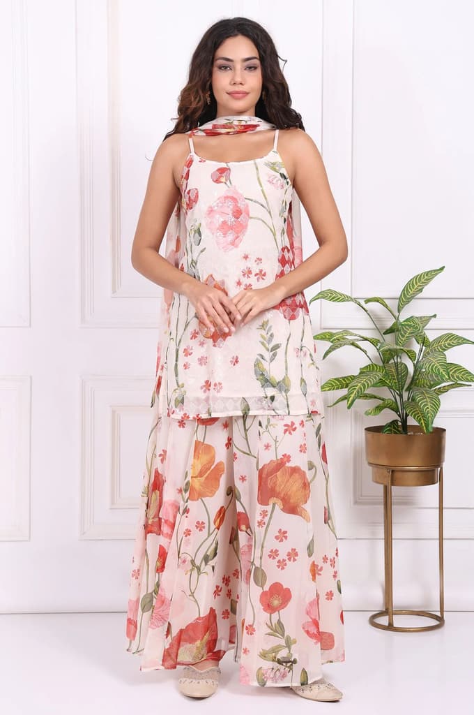White Floral Printed A-Line Crepe Kurta with Culotte and Dupatta Set — photo 2