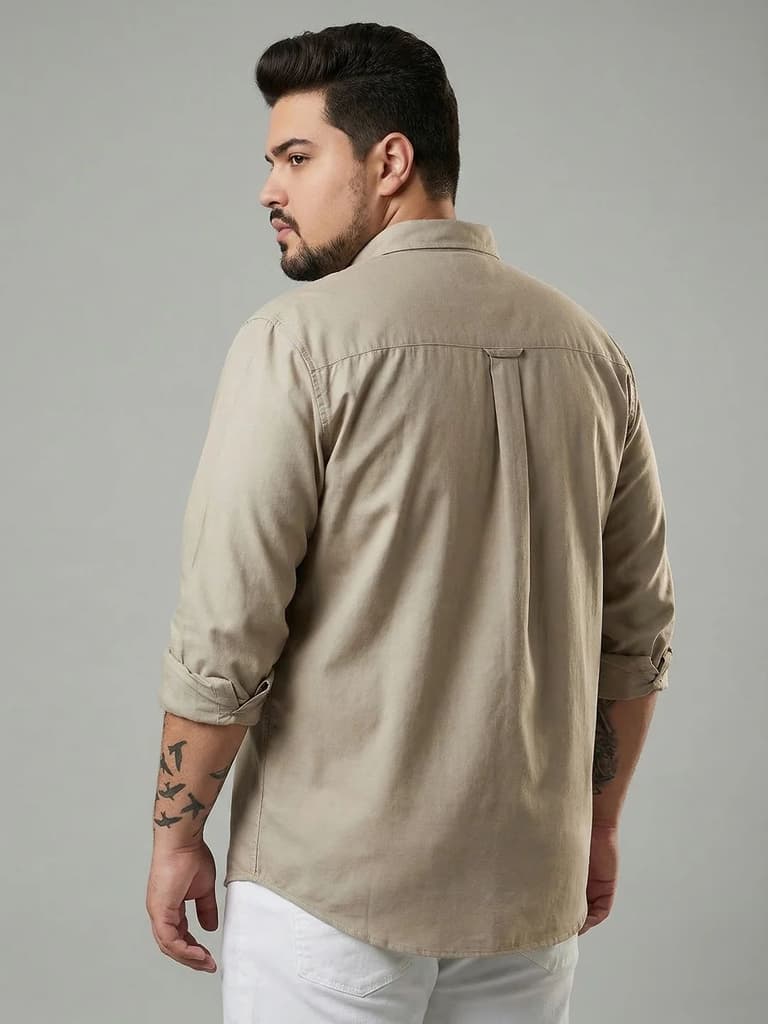Plus Men's Khaki Cotton Full Sleeve Regular Fit Solid Oxford Shirt With Button-Down Collar — photo 3
