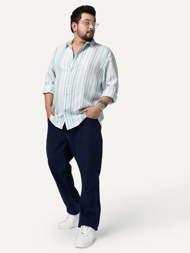 Plus Men's Light Blue Cotton Full Sleeve Relaxed Fit Linen Striped Shirt with Spread Collar — photo 4
