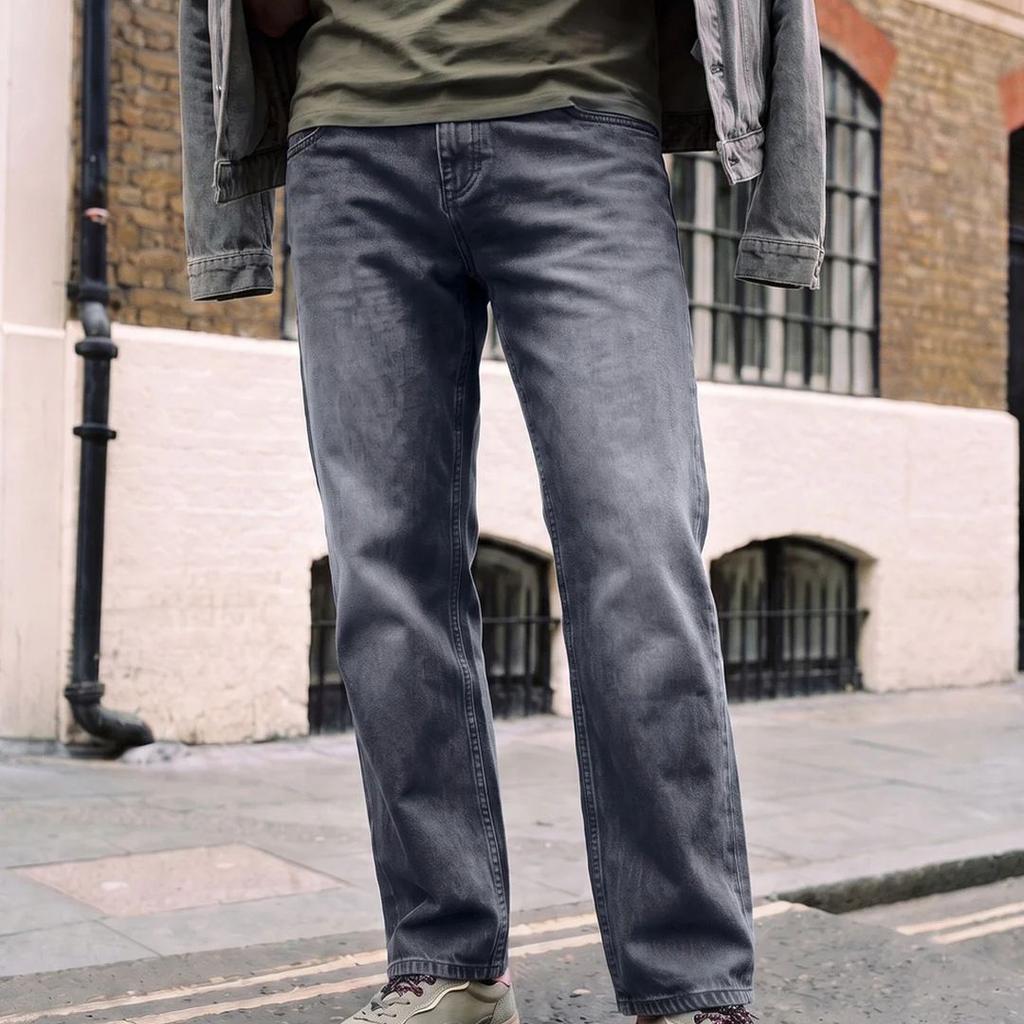 Men's Grey Relaxed Fit Washed Denim Jeans Non-Stretchable