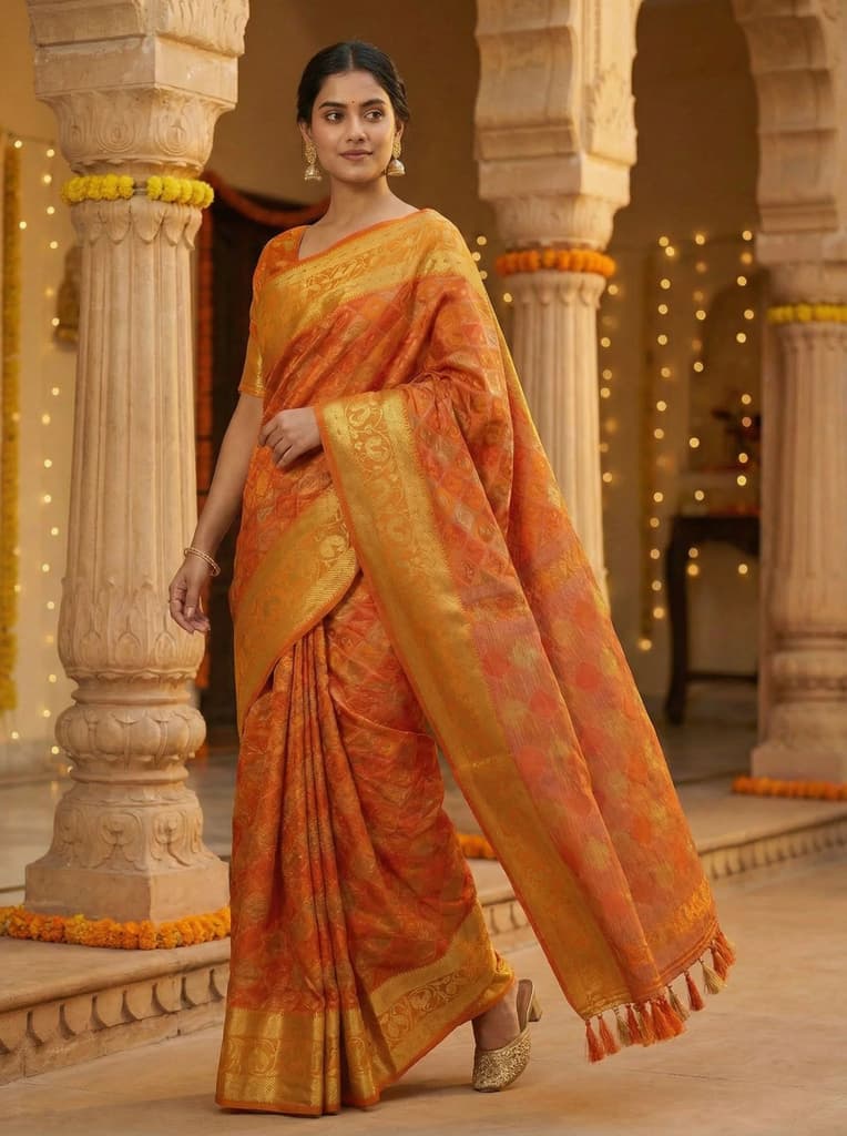 MIMOSA Women's Woven Design Patola Style Raw Silk Saree with Blouse Piece - Rust ( SA00003140RSFREE ) — photo 2