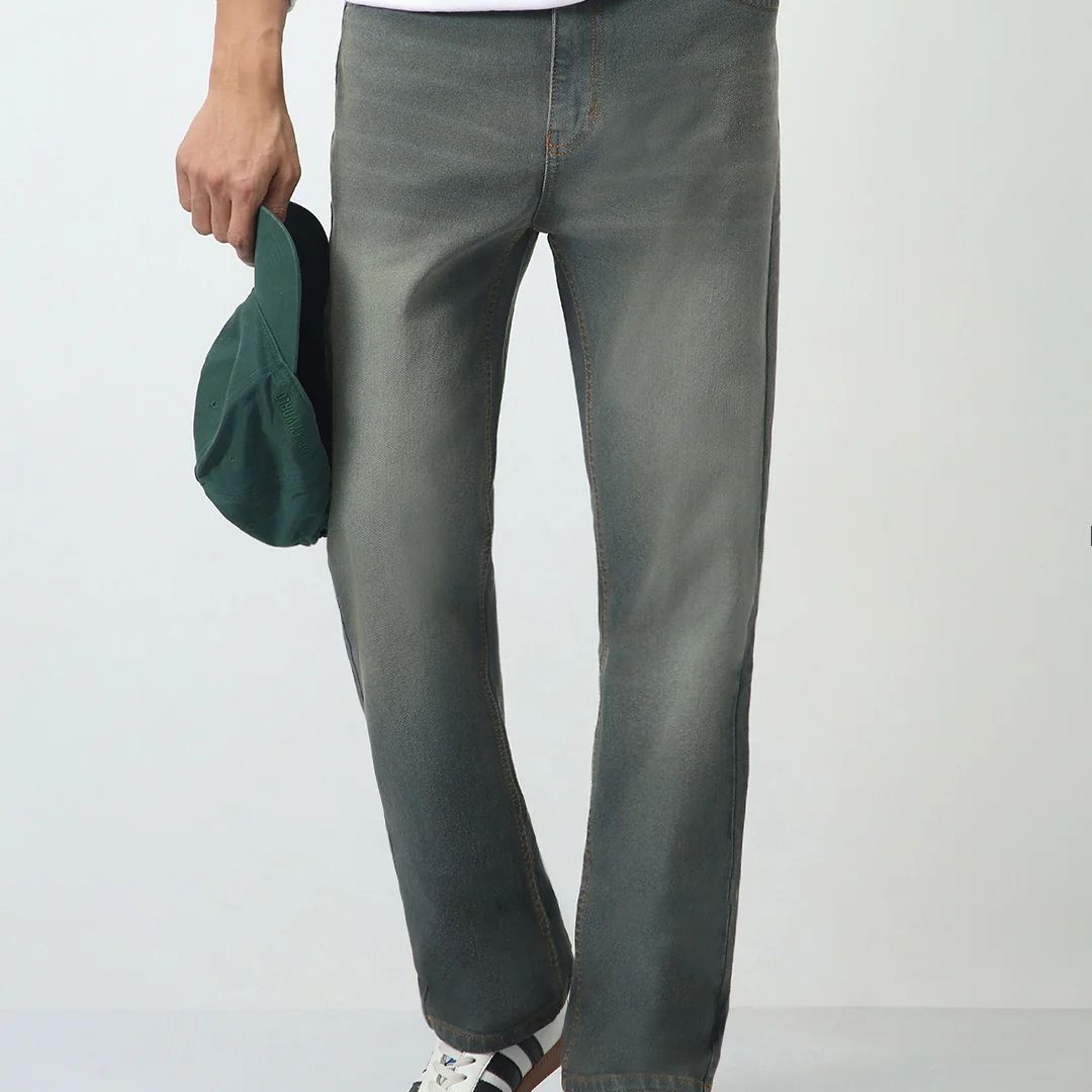 Men's Dark Grey Straight Fit Heavy Washed Jeans Stretchable