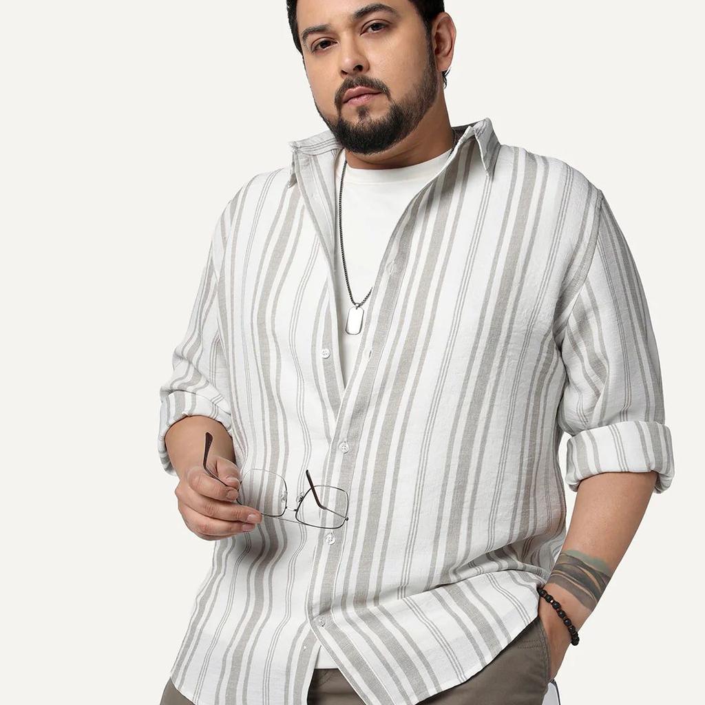 Plus Men's Light Grey Cotton Full Sleeve Relaxed Fit Linen Striped Shirt with Spread Collar
