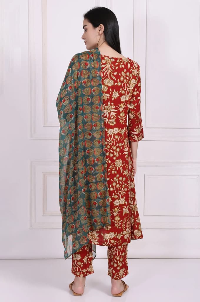 Red Floral Printed A-Line Kurta with Straight Pant and Dupatta Set — photo 5