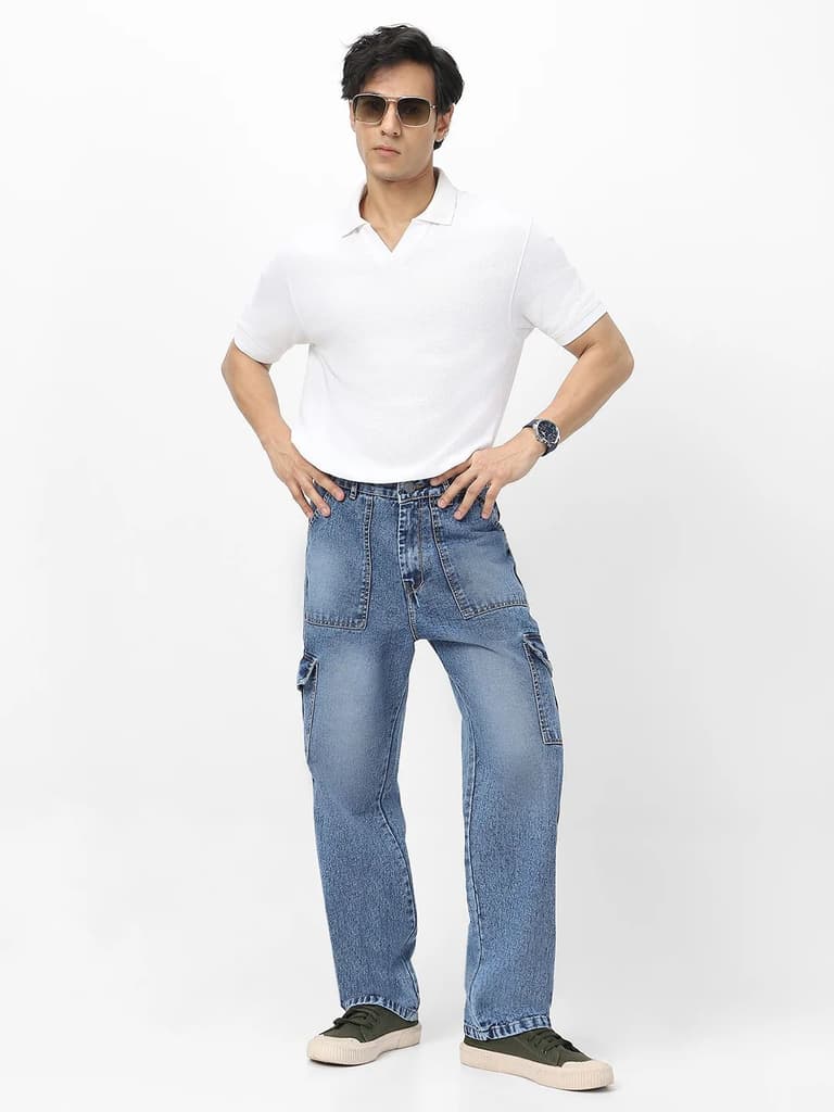 Men's Light Blue Loose Fit Cargo Jeans With 6 Pockets Non Stretchable — photo 4