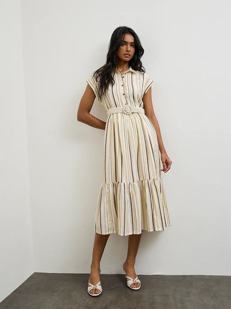 LOV Light Yellow Striped Linen-Blend A-Line Dress — photo 2