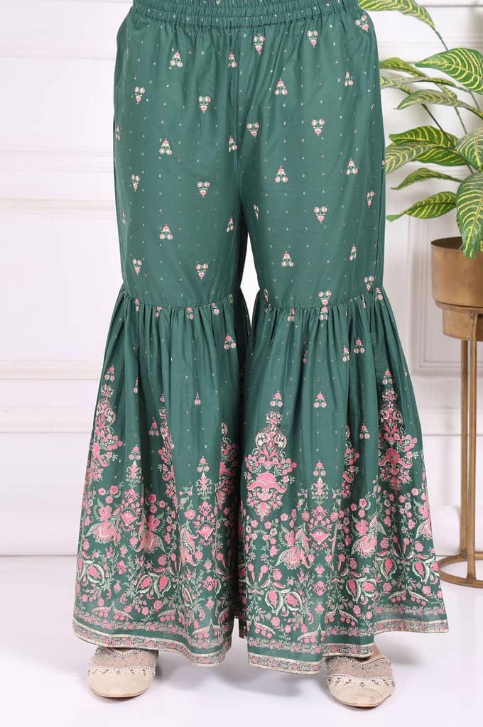 Green Floral Printed Embroidered Straight Cotton Kurta with Sharara and Dupatta Set — photo 8