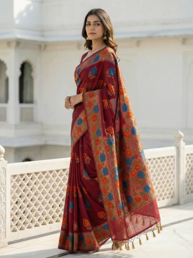 MIMOSA Women's Woven Design Paithani Style Raw Silk Saree with Blouse Piece - Maroon ( SA00003129MRFREE ) — photo 3