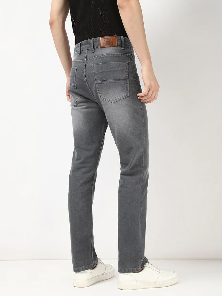 Men's Grey Straight Fit Washed Jeans Stretchable — photo 4
