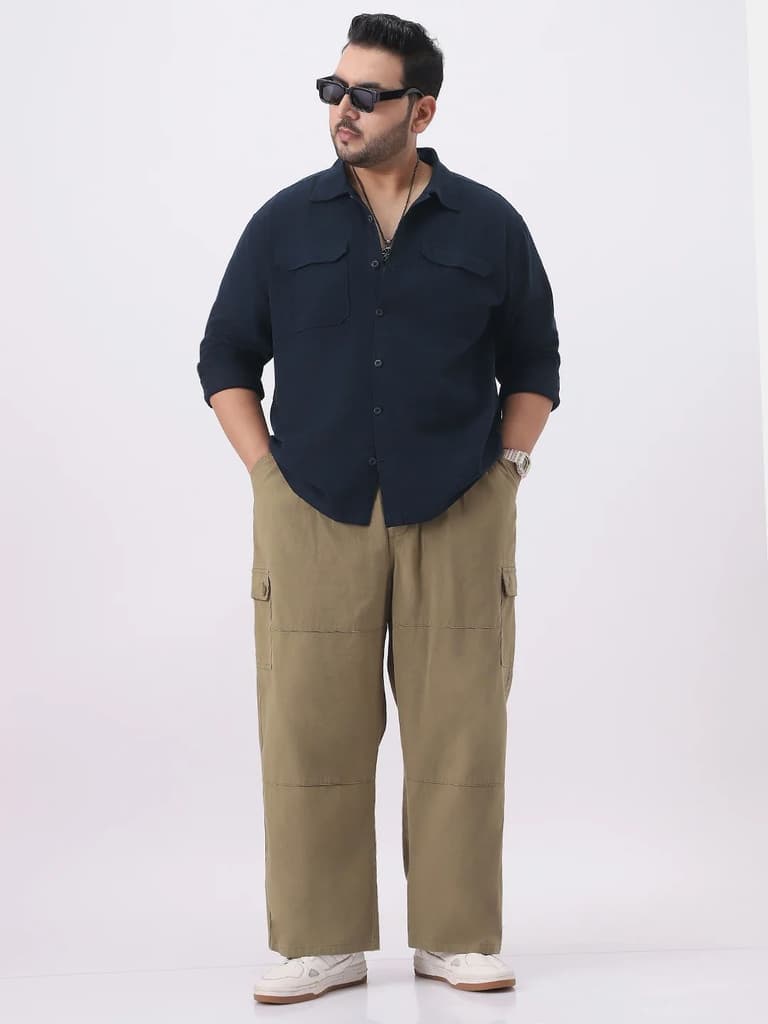 Plus Men's Navy Cotton Full Sleeve Relaxed Fit Shacket with Utility Pockets — photo 5