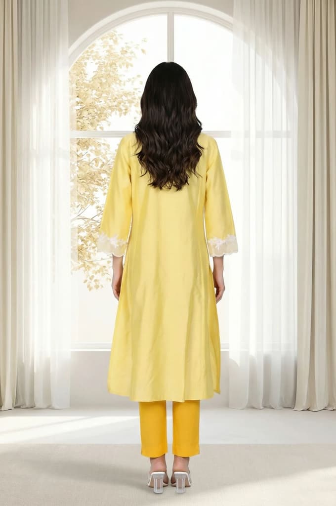 Yellow Applique Lace A-line Kurta — photo 4