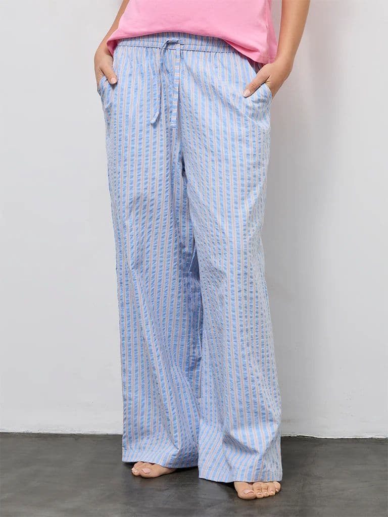Wunderlove Blue Striped High-Rise Cotton-Blend Pants — photo 2