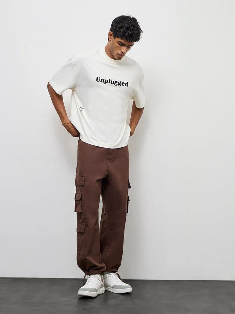 Nuon Brown Relaxed-Fit Mid-Rise Cotton Cargo Pants