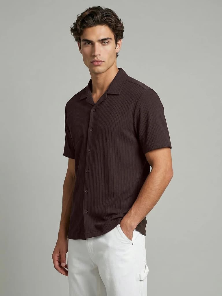 Men's Brown Cotton Half Sleeve Oversized Fit Textured Shirt with Cuban Collar — photo 2