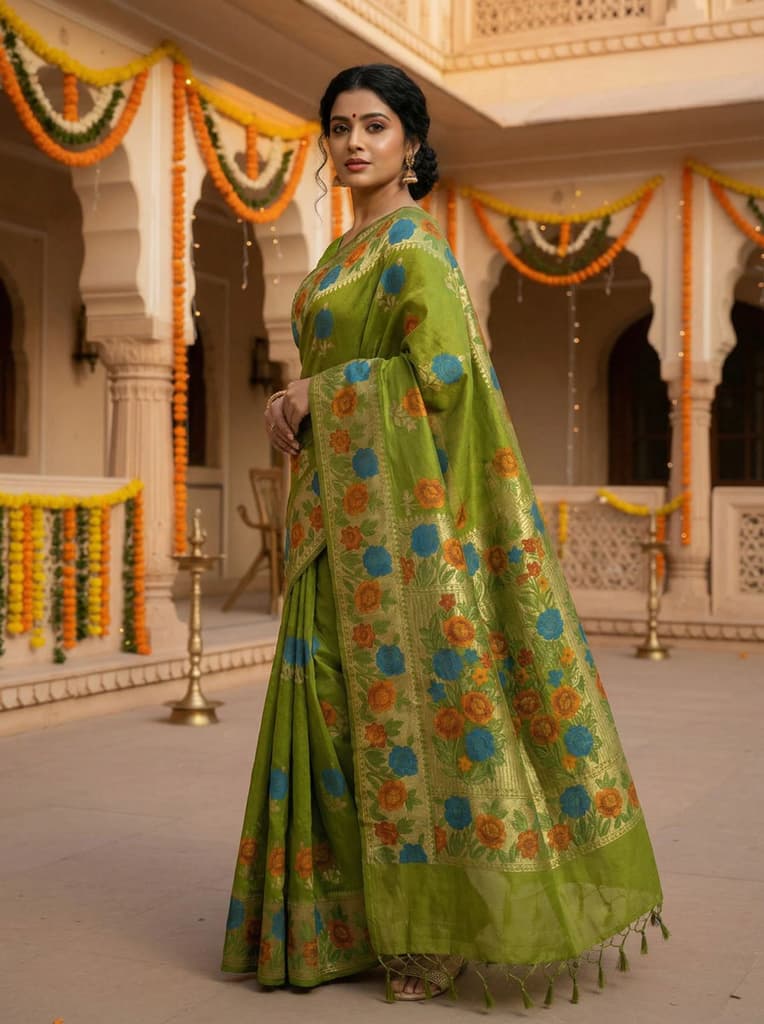 MIMOSA Women's Woven Design Paithani Style Raw Silk Saree with Blouse Piece - Olive ( SA00003129OLFREE ) — photo 2