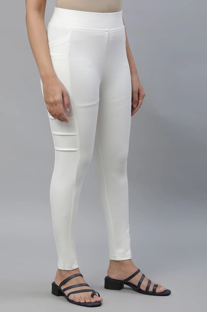 White Solid Skinny Fit Yoga Tights With Side Pockets — photo 4