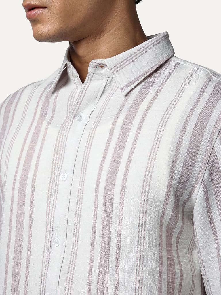 Men's Lilac Cotton Full Sleeve Relaxed Fit Linen Striped Shirt with Spread Collar — photo 6