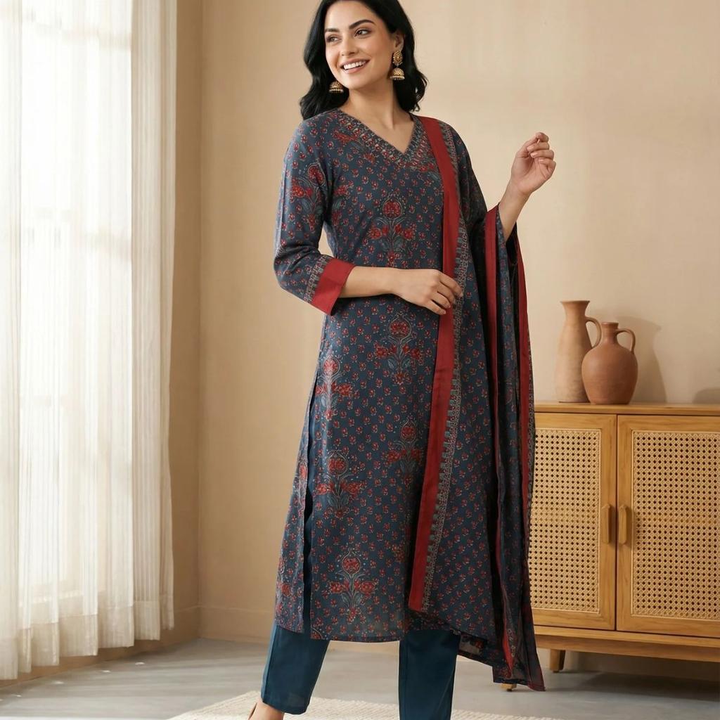Blue Floral Printed Crepe Straight Kurta with Pants and Dupatta Set