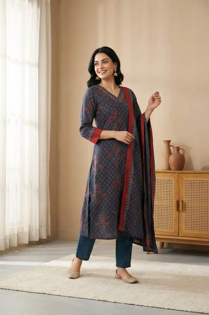Blue Floral Printed Crepe Straight Kurta with Pants and Dupatta Set — XS
