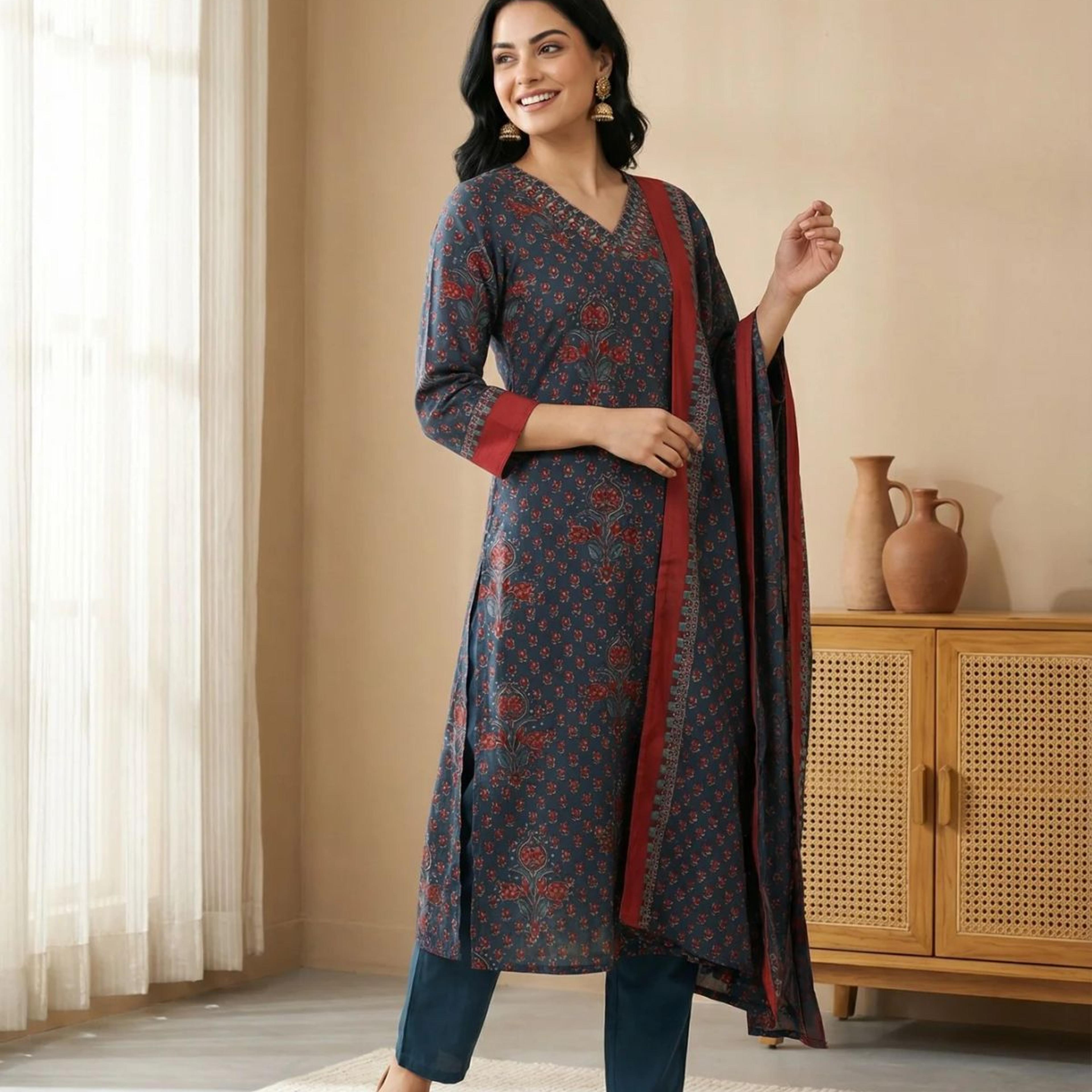 Blue Floral Printed Crepe Straight Kurta with Pants and Dupatta Set