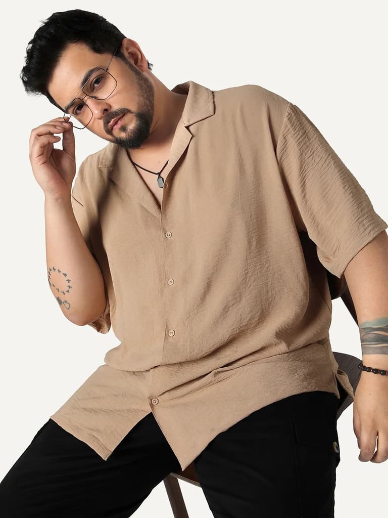 Plus Men's Beige Cotton Half Sleeve Relaxed Fit Textured Shirt with Cuban Collar — 2XL / Beige