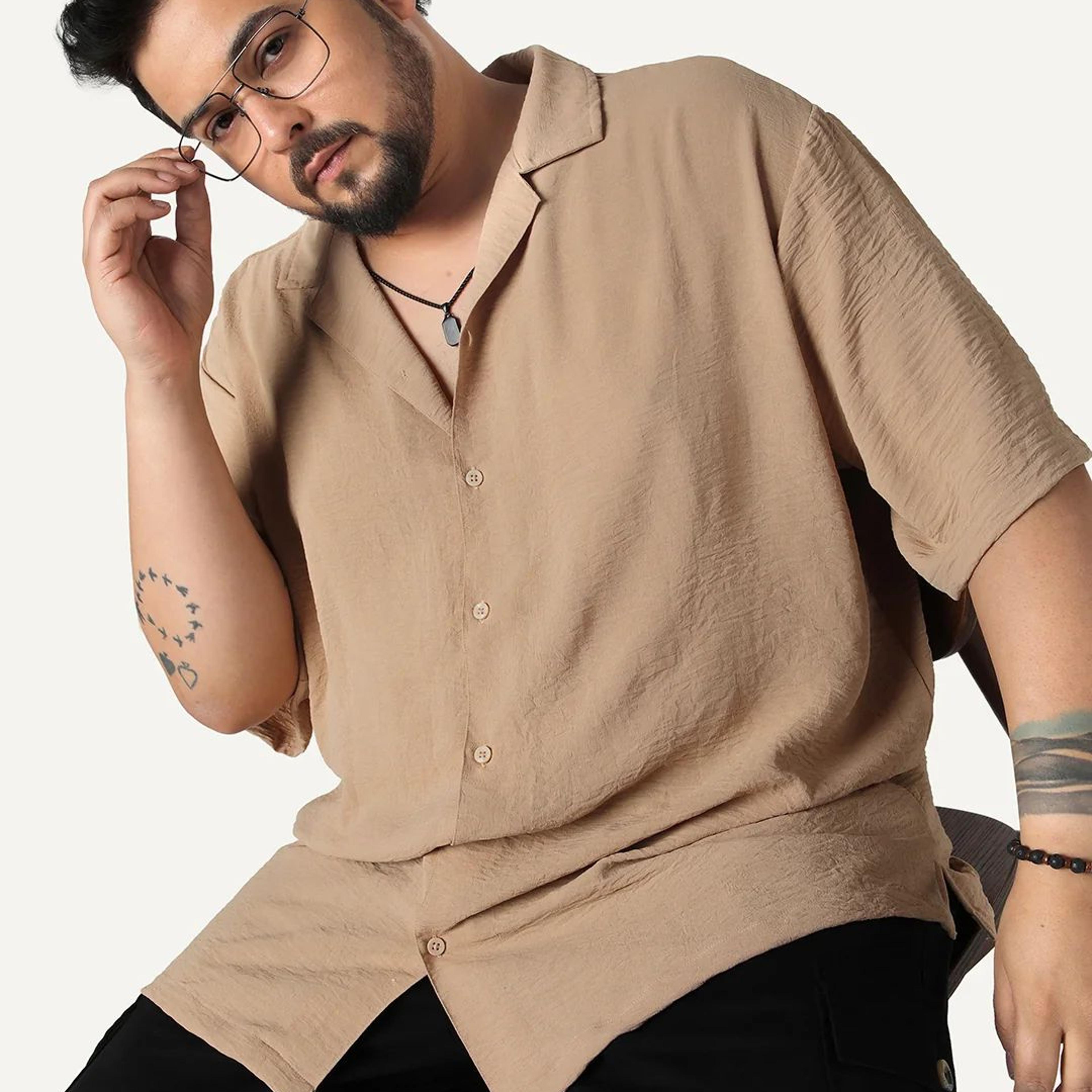 Plus Men's Beige Cotton Half Sleeve Relaxed Fit Textured Shirt with Cuban Collar