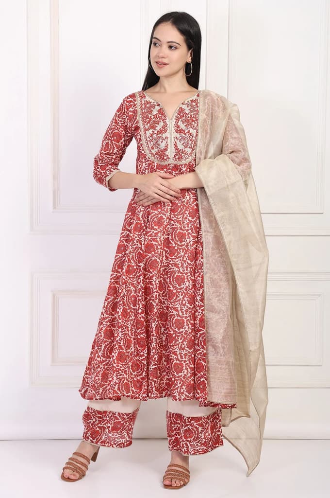 Red Embroidered Anarkali Kurta with Flared Pant and Dupatta Set — XS