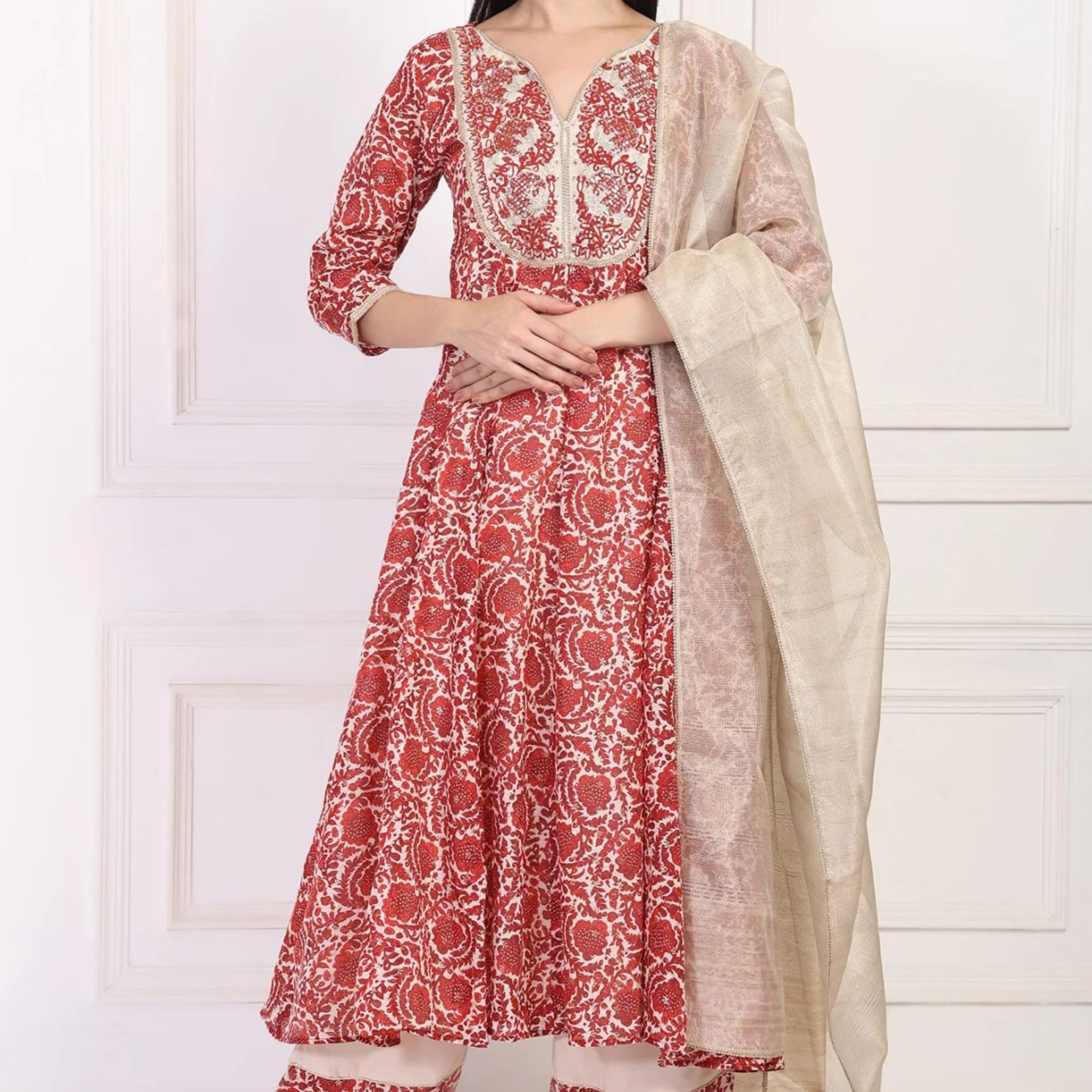 Red Embroidered Anarkali Kurta with Flared Pant and Dupatta Set