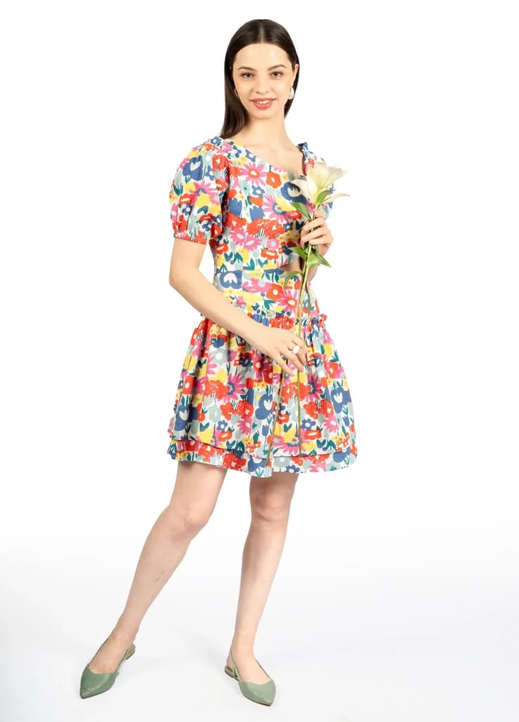 Multicolour Floral Cotton Double Cloth Fit & Flare Dress — photo 7