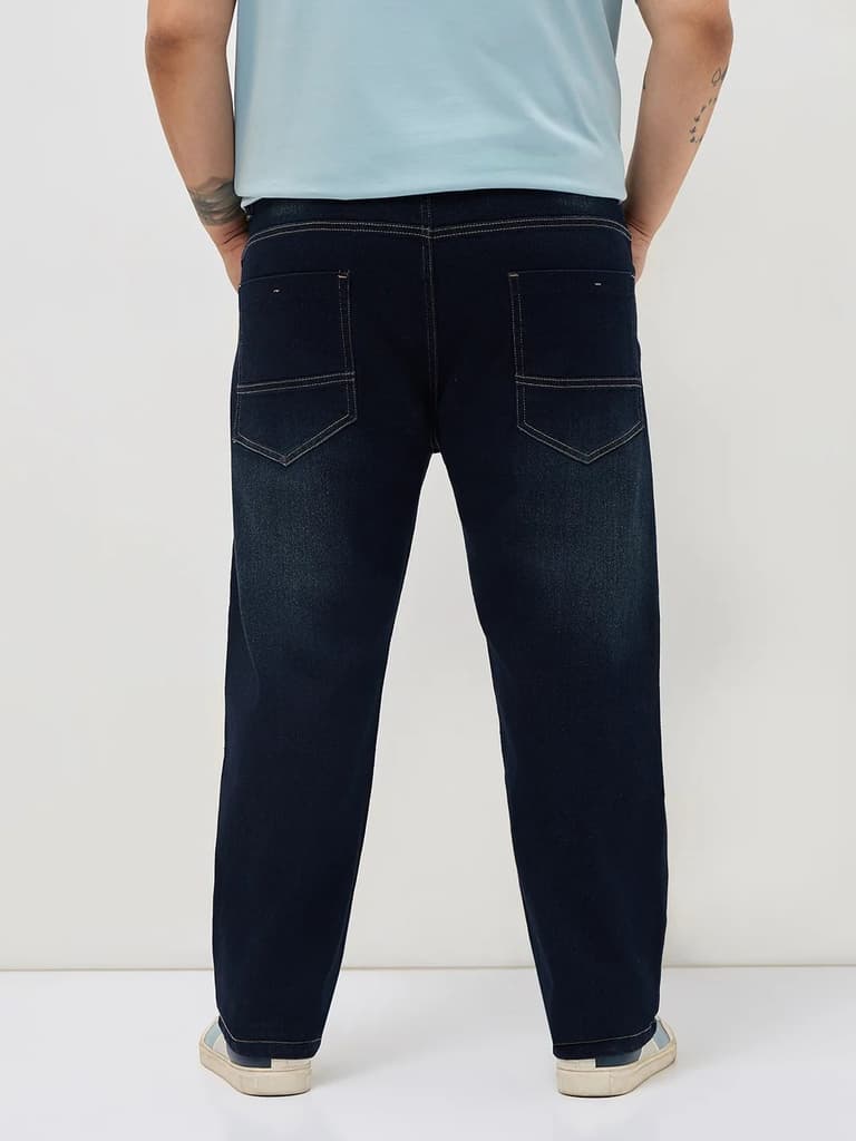 Plus Men's Dark Blue Regular Fit Whisker Washed Yellow Tint Denim Jeans Stretchable — photo 3
