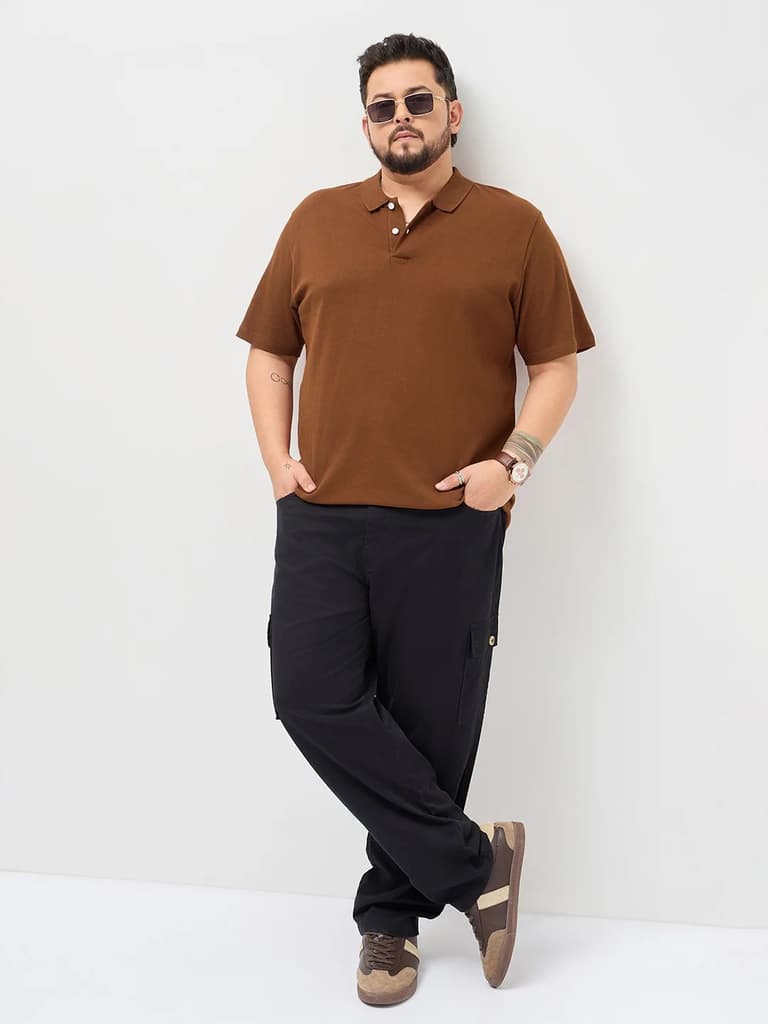 Plus Men's Chocolare Brown Solid Regular Fit Half Sleeve Cotton Polo T-Shirt — photo 4