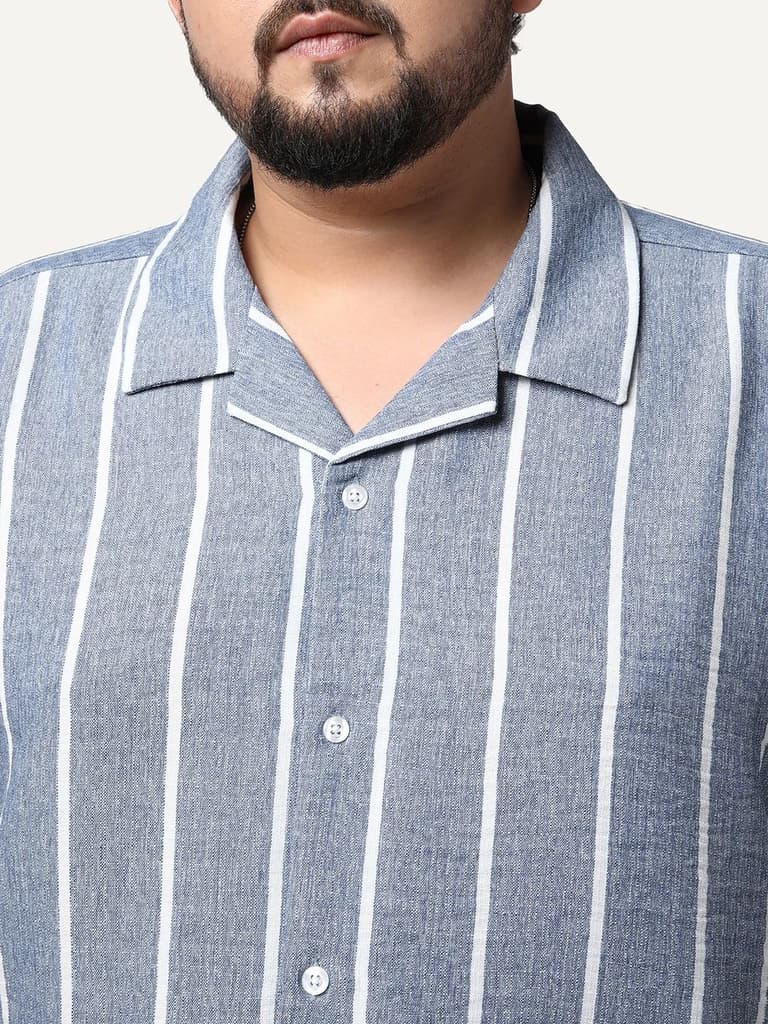 Plus Men's Blue Cotton Half Sleeve Relaxed Fit Linen Striped Shirt with Cuban Collar — photo 5