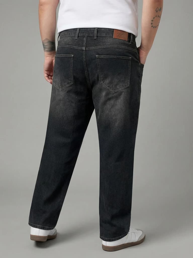 Plus Men's Dark Grey Relaxed Fit Washed Denim Jeans Non-Stretchable — photo 3