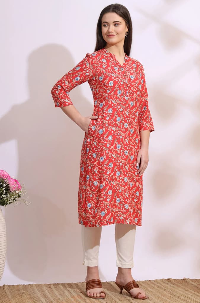 Orange Bold Floral Printed Cotton Cambric Straight Kurta — photo 7