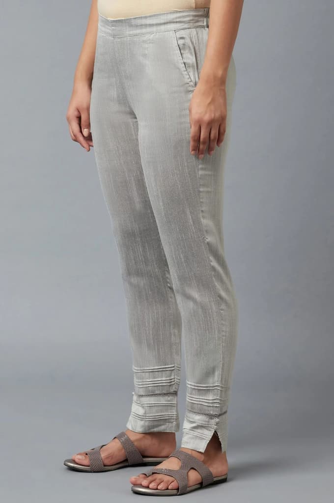 Grey Solid Straight Fit Trousers With Elasticated Waistband — photo 3