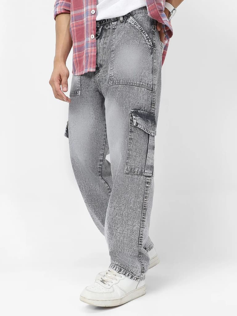 Men's Ice Grey Loose Fit Cargo Jeans With 6 Pockets Non Stretchable — 28 / Ice Grey