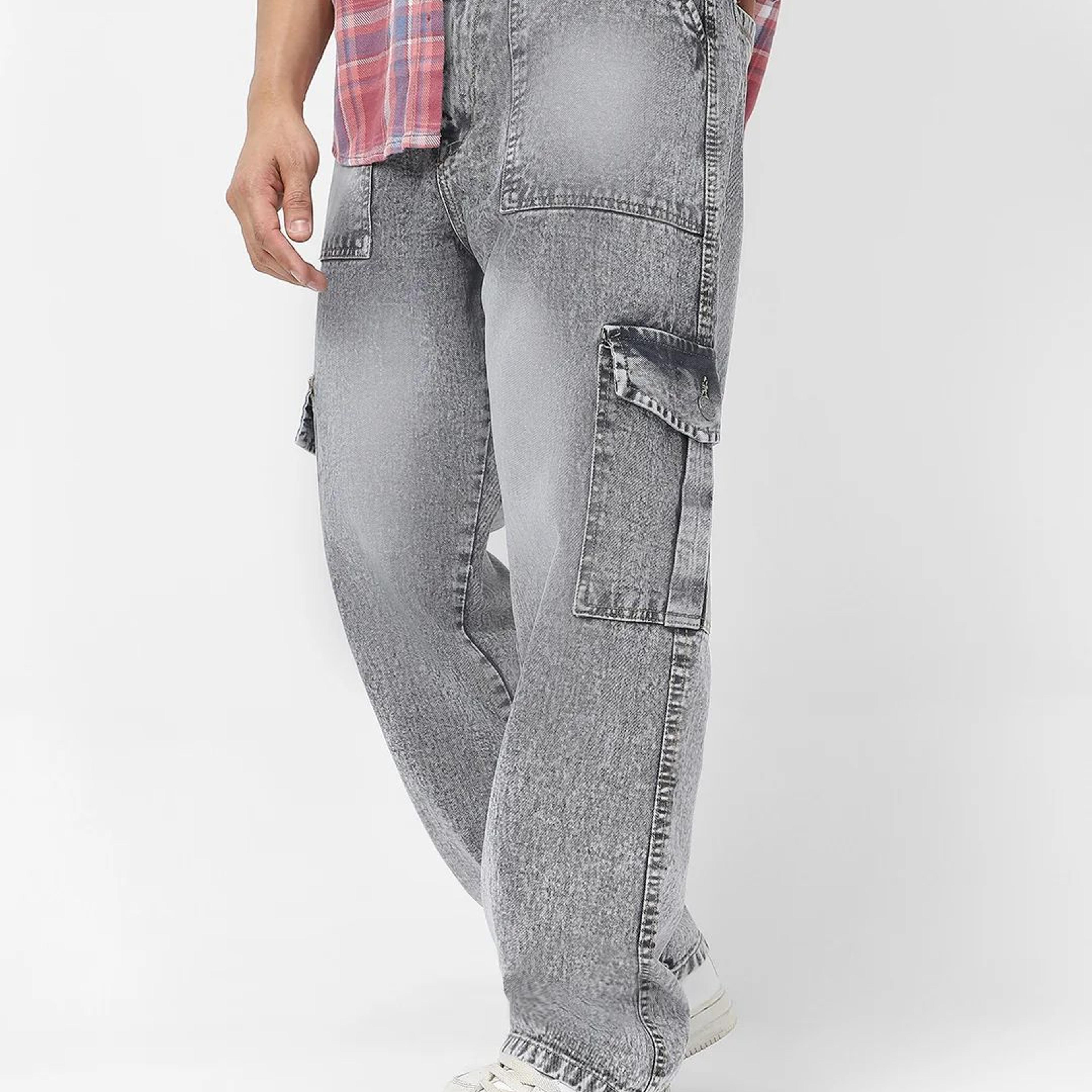 Men's Ice Grey Loose Fit Cargo Jeans With 6 Pockets Non Stretchable